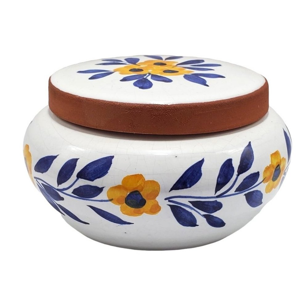 VTG Hand Painted Redware Round Trinket Box Portugal White Blue Yellow Signed